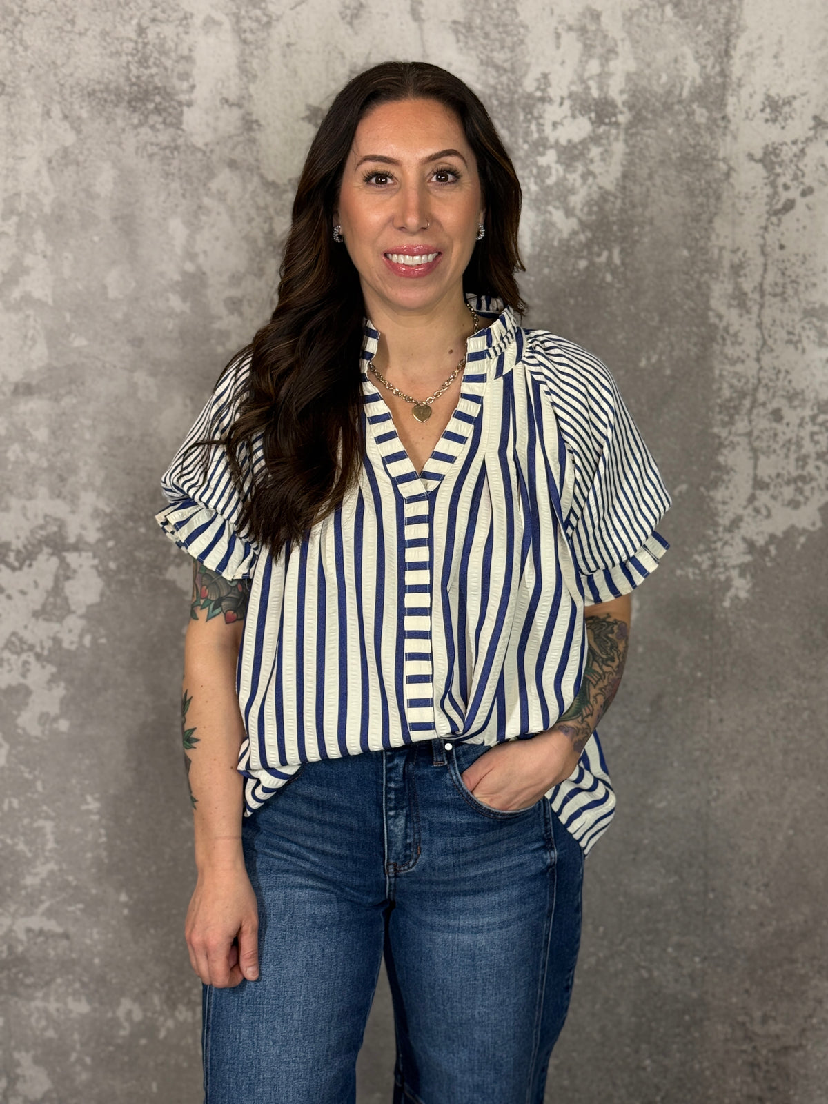 Blue Stripe Puff Sleeve Top (Small - 2X)