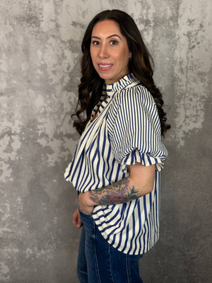 Blue Stripe Puff Sleeve Top (Small - 2X)