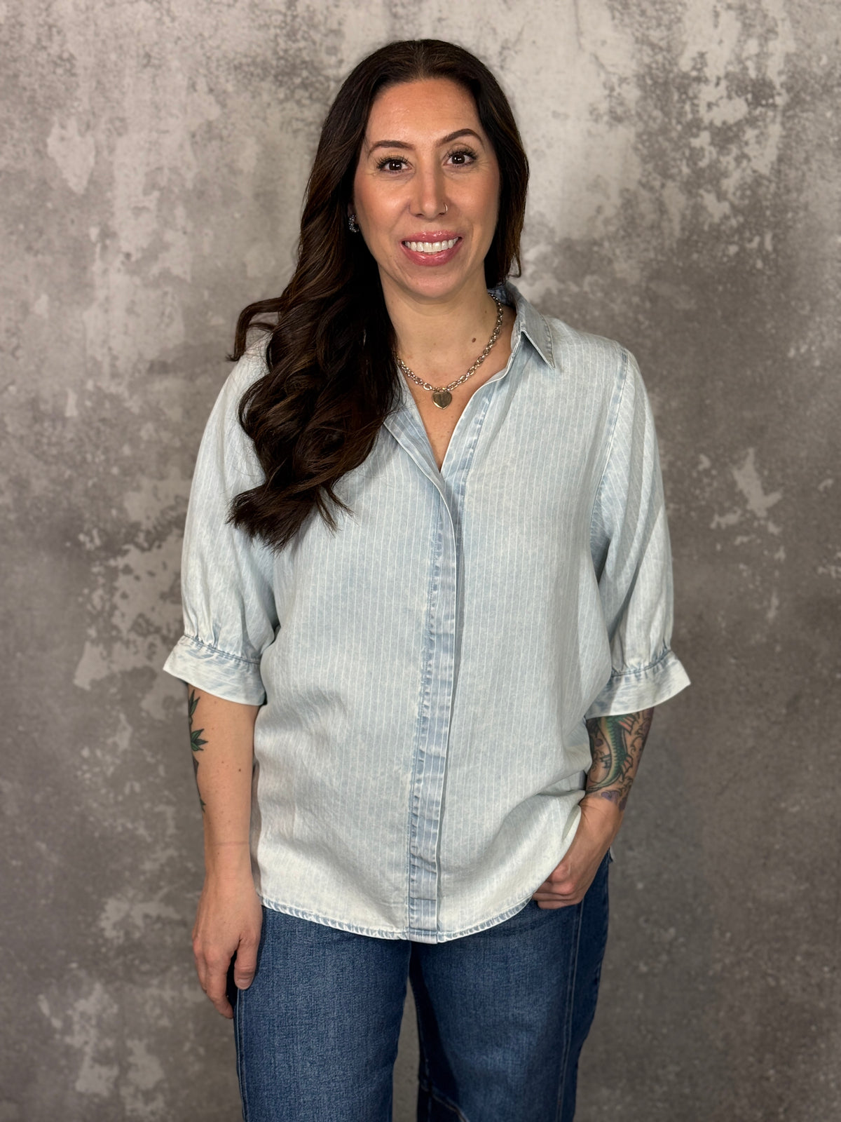 Short Sleeve Chambray Striped Top  (Small - 3X) - FINAL SALE