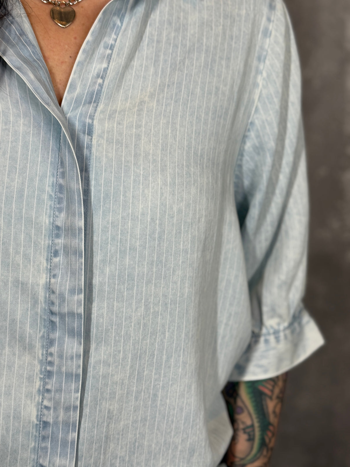 Short Sleeve Chambray Striped Top  (Small - 3X) - FINAL SALE
