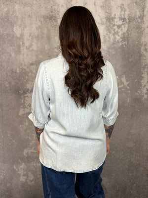 Short Sleeve Chambray Striped Top  (Small - 3X) - FINAL SALE
