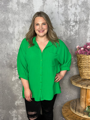3/4 Sleeve Button Up Pocket AIrflow Top  - Green - BESTSELLER