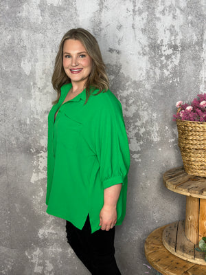 3/4 Sleeve Button Up Pocket AIrflow Top  - Green - BESTSELLER