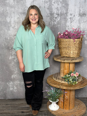 3/4 Sleeve Button Up Pocket AIrflow Top  - Sage - BESTSELLER