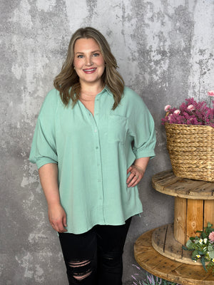 3/4 Sleeve Button Up Pocket AIrflow Top  - Sage - BESTSELLER