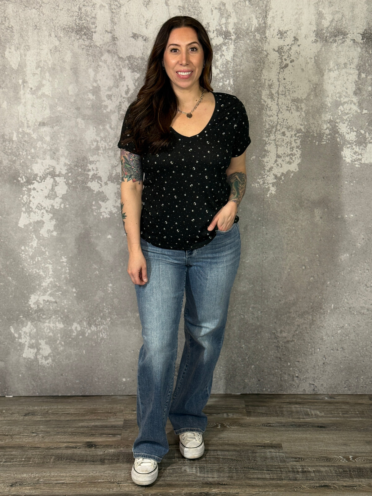 Black Ditsy Floral Vneck Tee