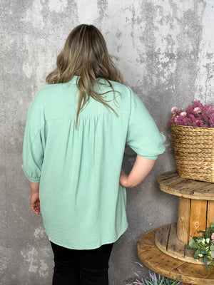 3/4 Sleeve Button Up Pocket AIrflow Top  - Sage - BESTSELLER