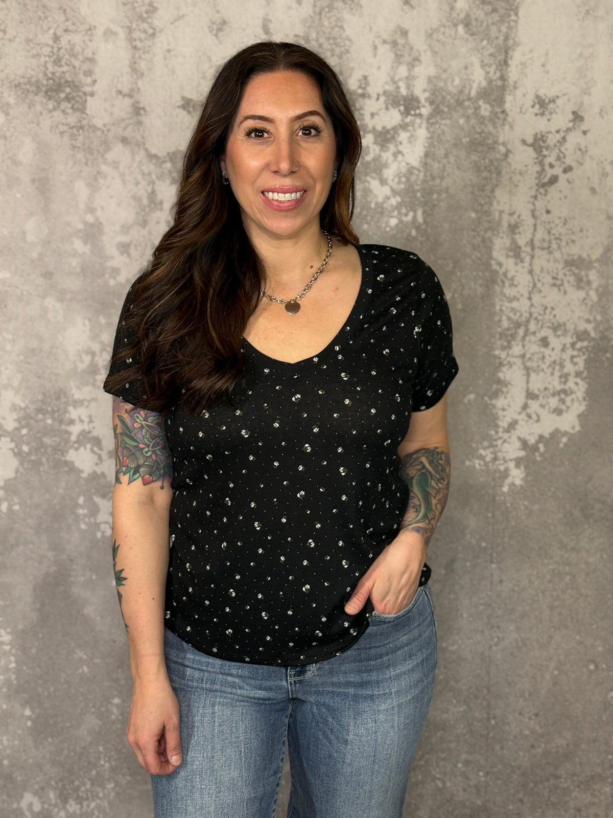 Black Ditsy Floral Vneck Tee