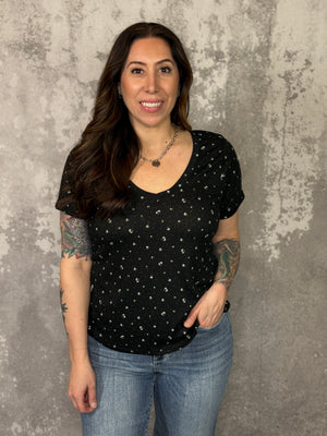 Black Ditsy Floral Vneck Tee