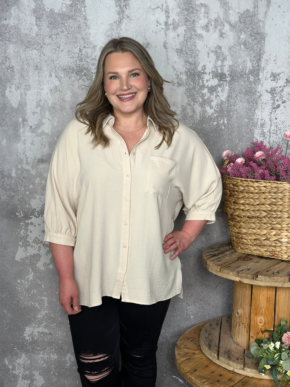 3/4 Sleeve Button Up Pocket AIrflow Top  - Sand - BESTSELLER