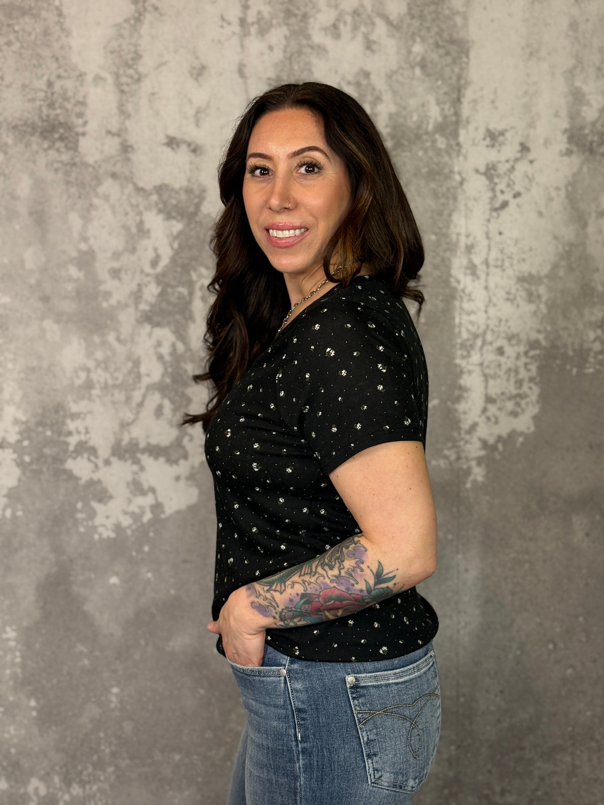 Black Ditsy Floral Vneck Tee