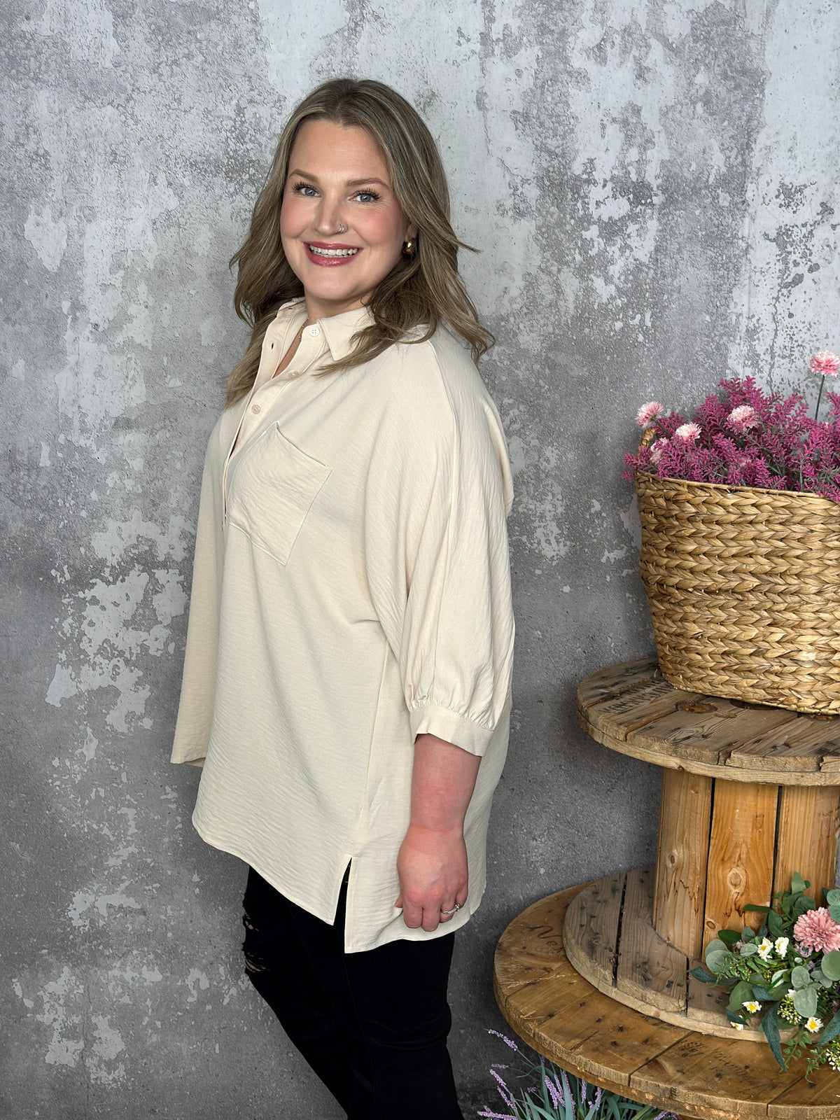 3/4 Sleeve Button Up Pocket AIrflow Top  - Sand - BESTSELLER