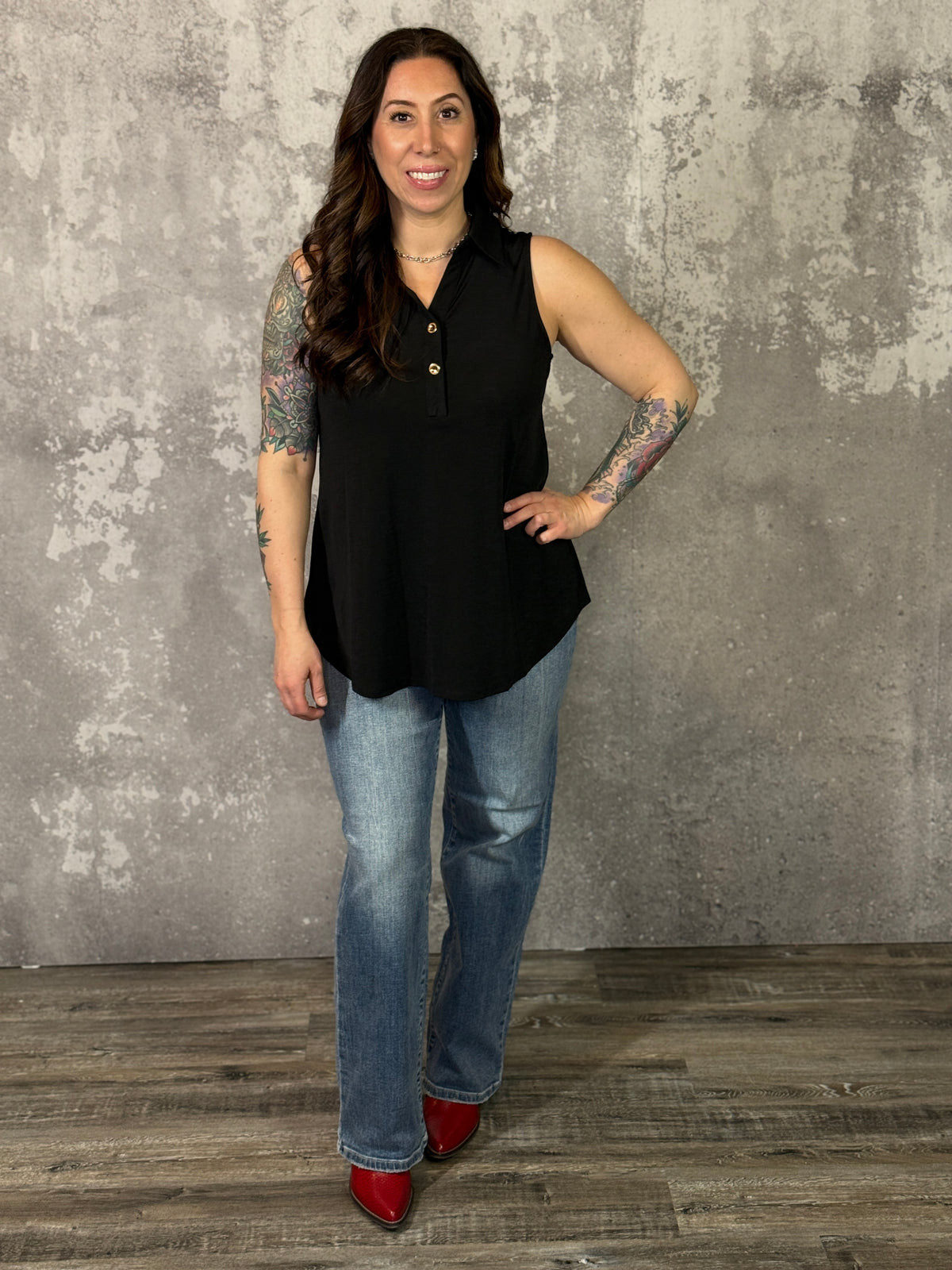 The Wrinkle Free Collared Tank with Button Detail  - Black (Small - 3X)-FINAL SALE