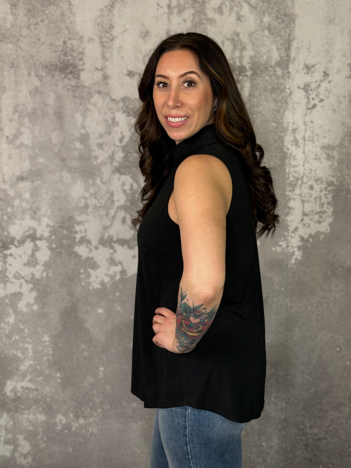 The Wrinkle Free Collared Tank with Button Detail  - Black (Small - 3X)-FINAL SALE
