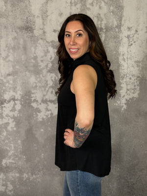 The Wrinkle Free Collared Tank with Button Detail  - Black (Small - 3X)-FINAL SALE