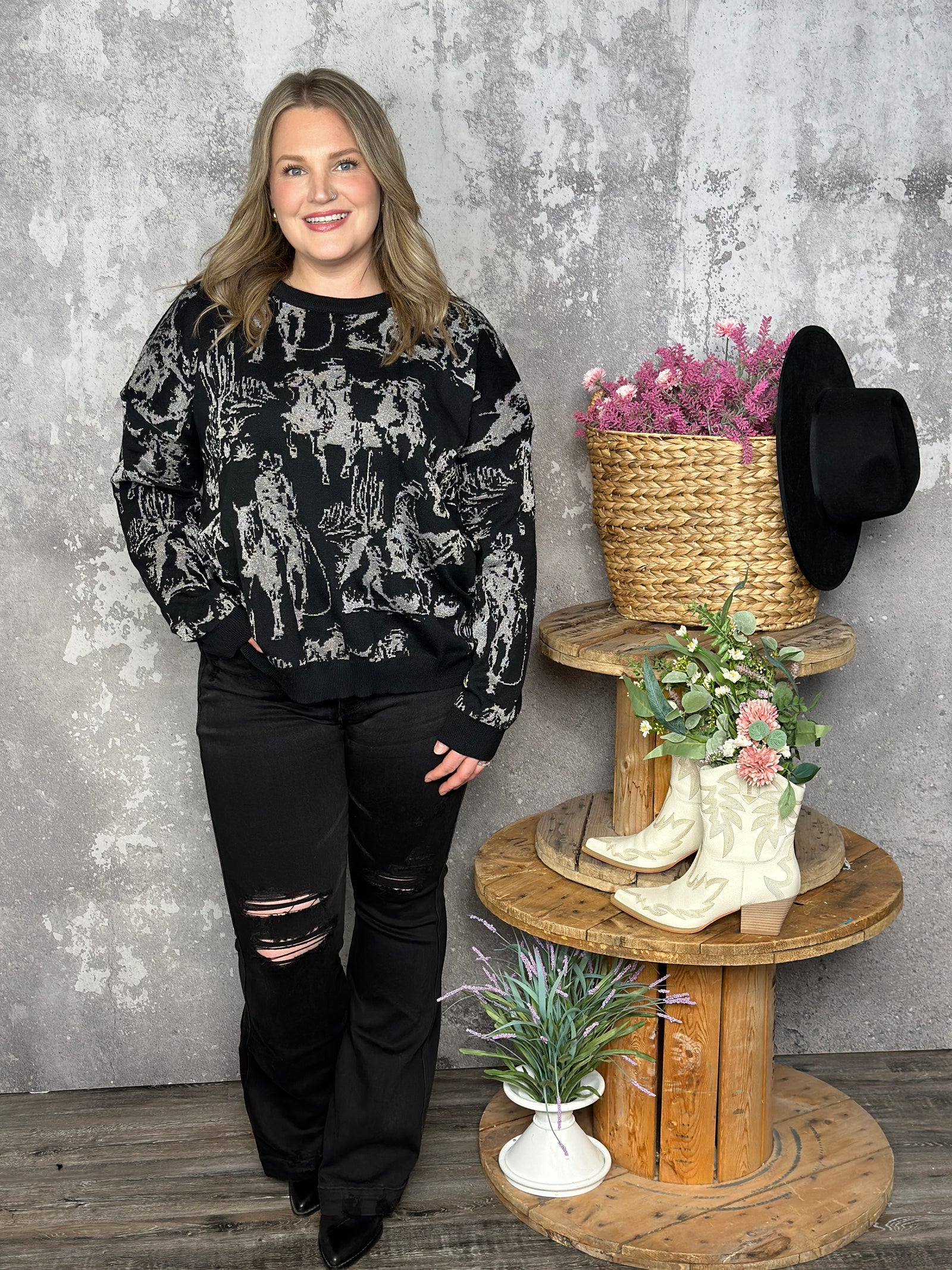 Rhinestone Cowboy Modest Crop Reversible Sweater  (Small - 3X)