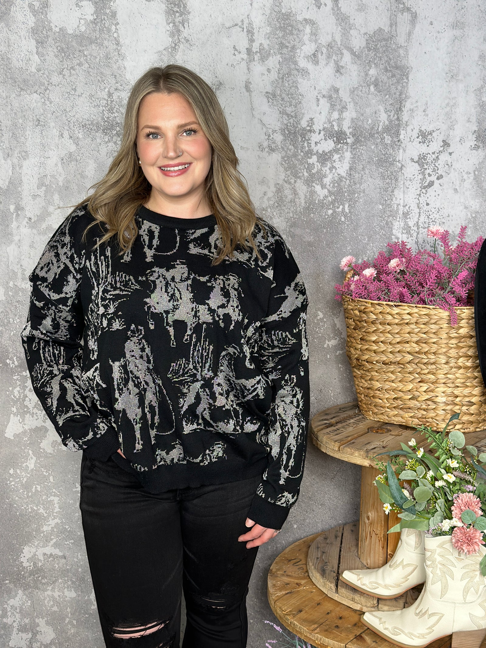 Rhinestone Cowboy Modest Crop Reversible Sweater  (Small - 3X)