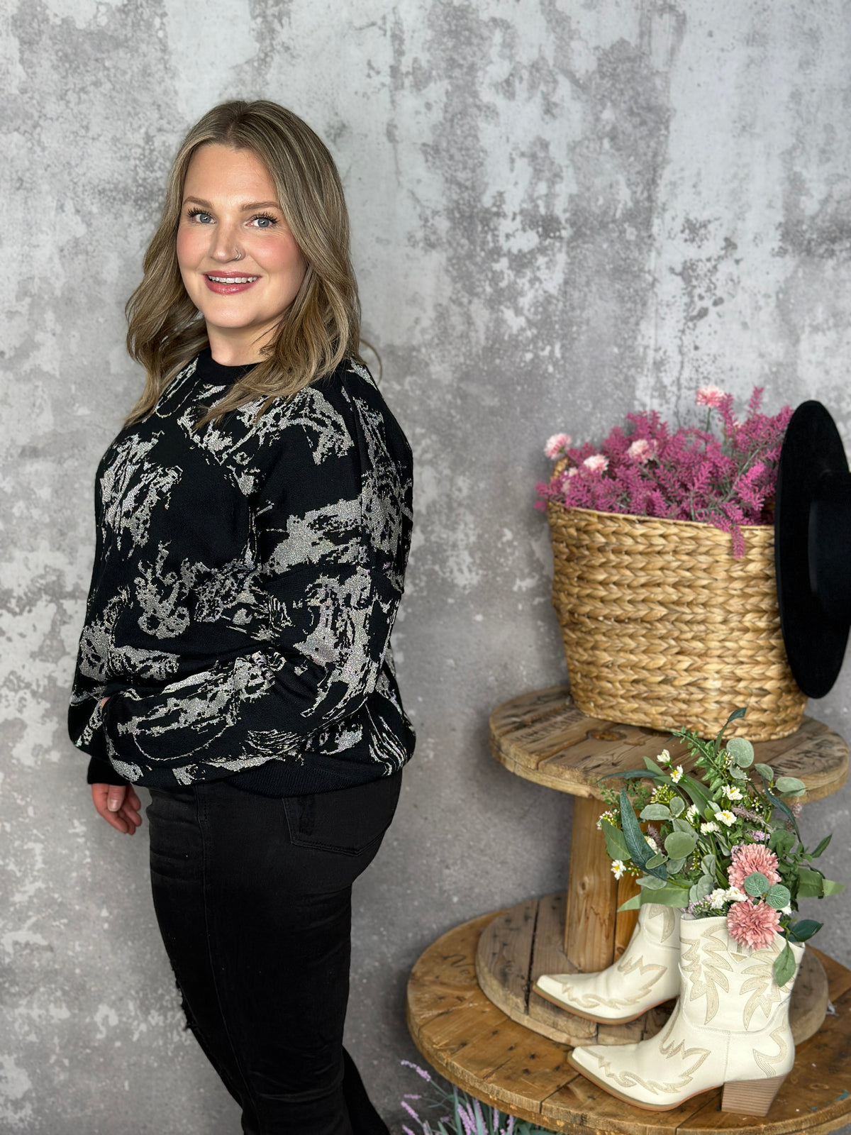 Rhinestone Cowboy Modest Crop Reversible Sweater  (Small - 3X)