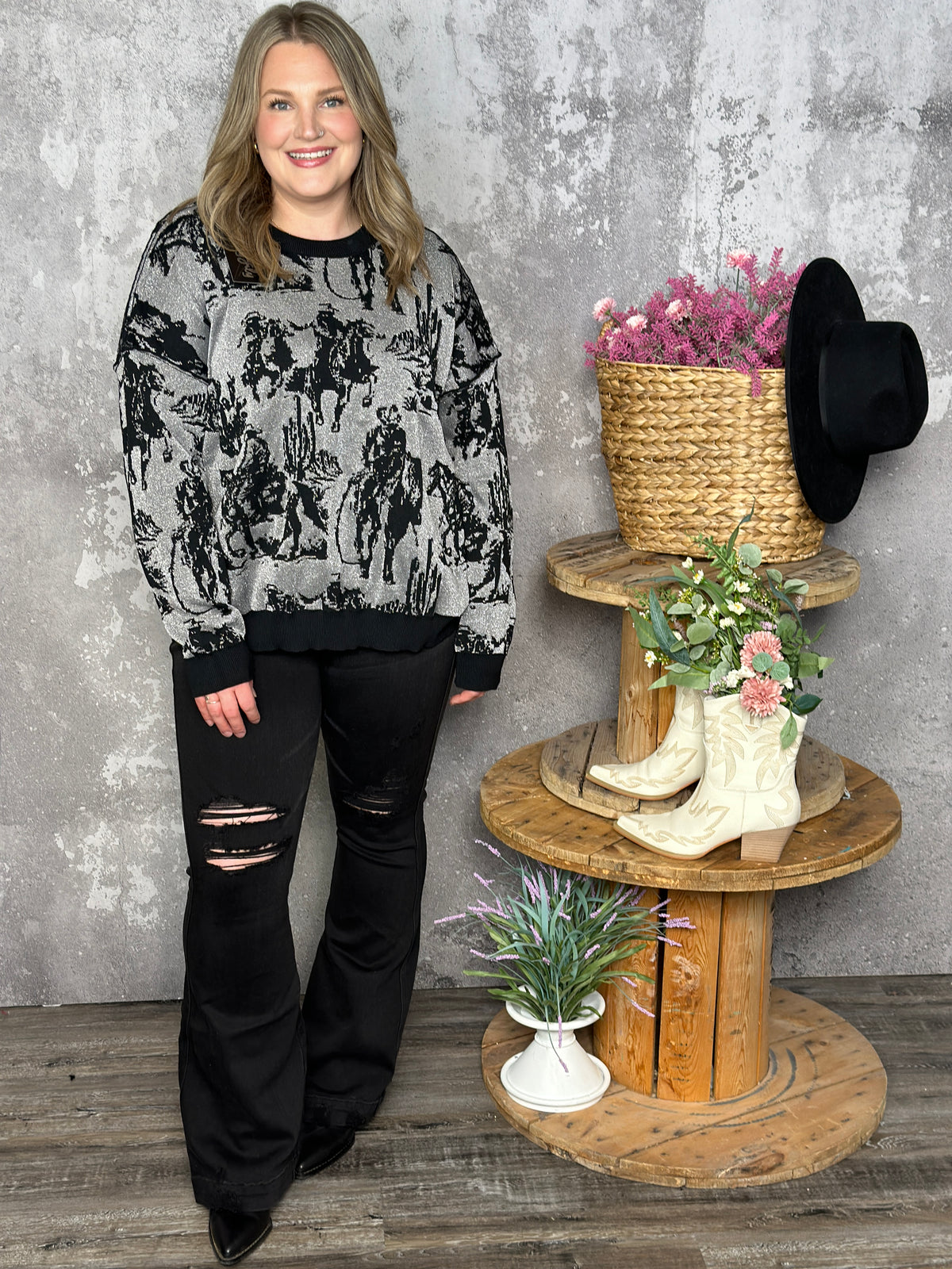 Rhinestone Cowboy Modest Crop Reversible Sweater  (Small - 3X)