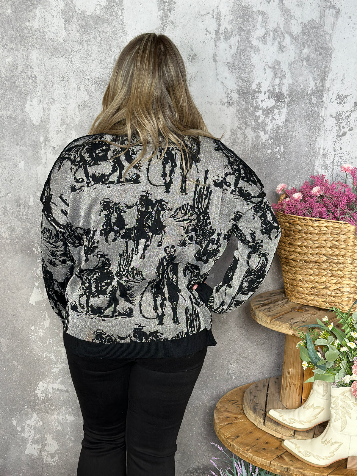 Rhinestone Cowboy Modest Crop Reversible Sweater  (Small - 3X)