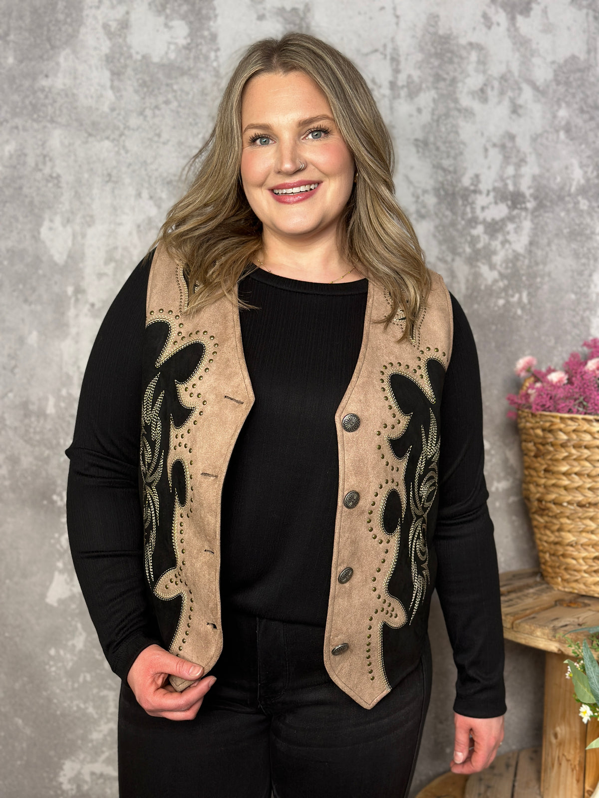 Suede Bootstitch Embroidered Vest  (Small - 3X)