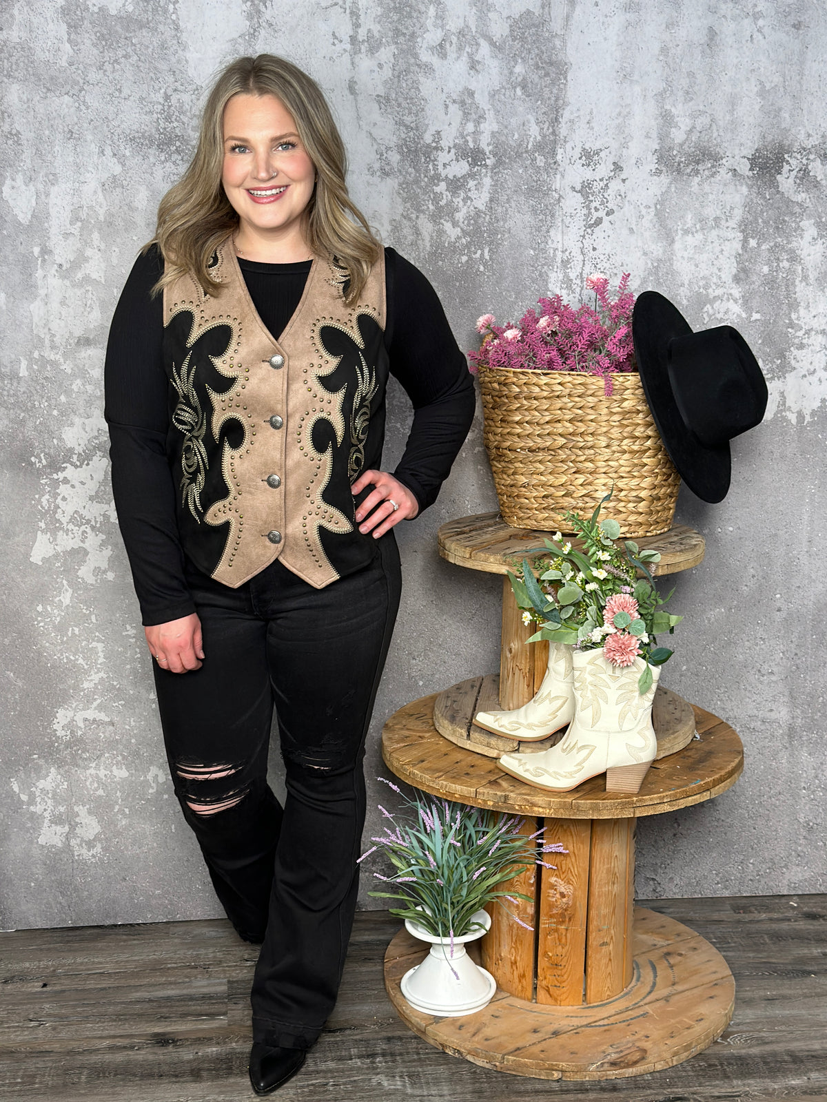 Suede Bootstitch Embroidered Vest  (Small - 3X)