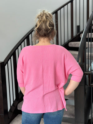 Ribbed 3/4 Sleeve Top - Pink