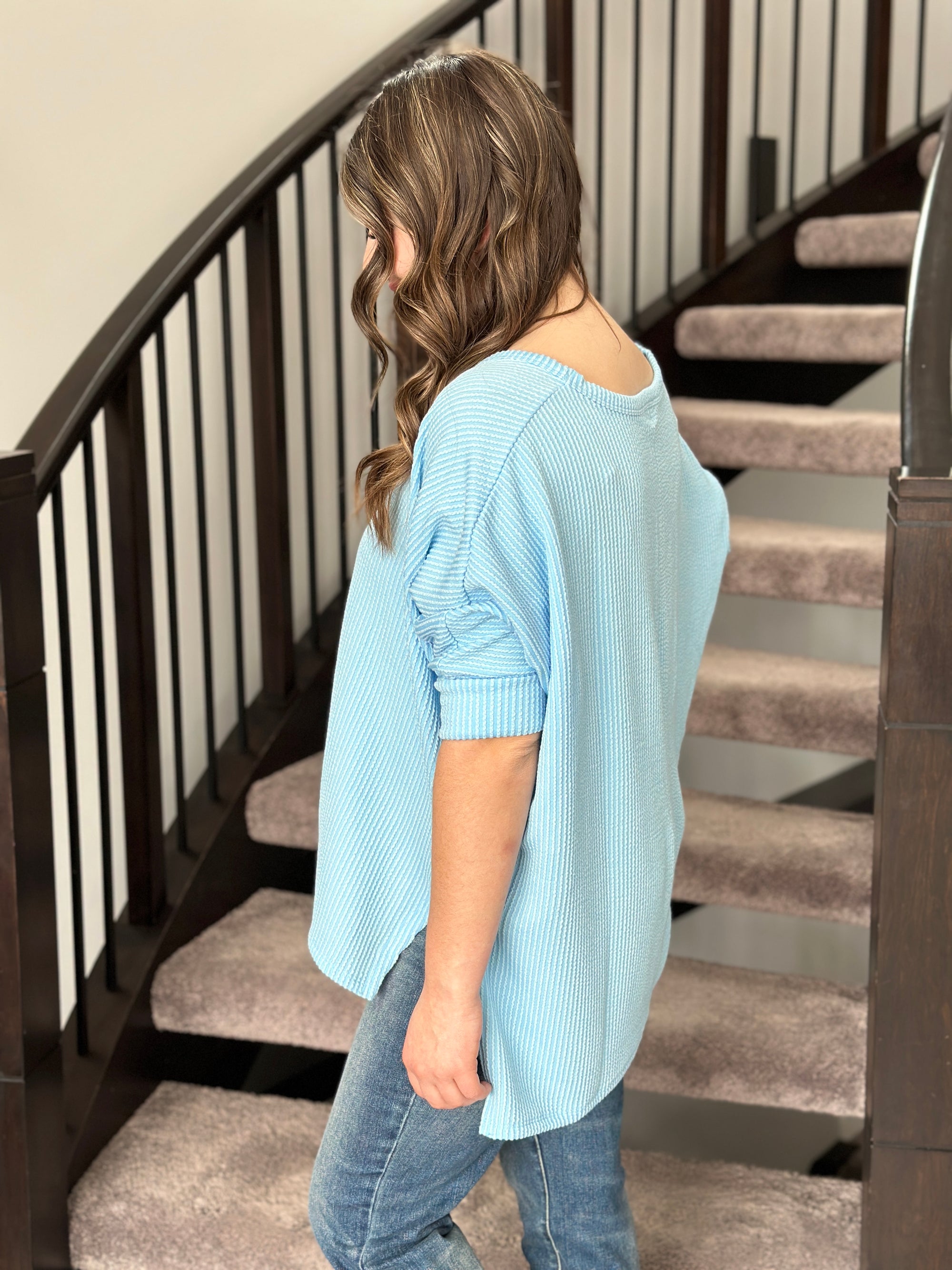 Ribbed 3/4 Sleeve Top - Light Blue