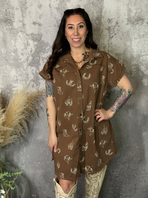 Brown Western Graphic Button Up Collared Dress