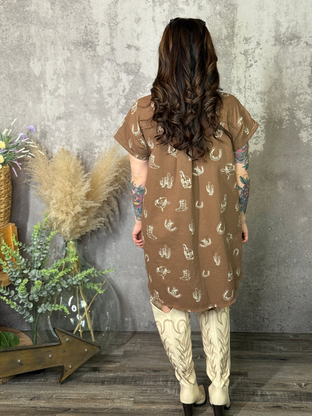 Brown Western Graphic Button Up Collared Dress