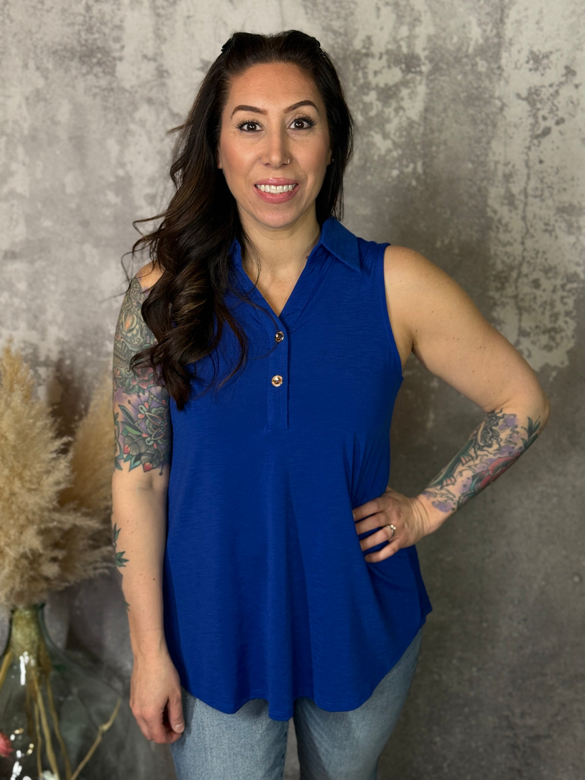 The Wrinkle Free Collared Tank with Button Detail  - Blue (Small - 3X)- FINAL SALE
