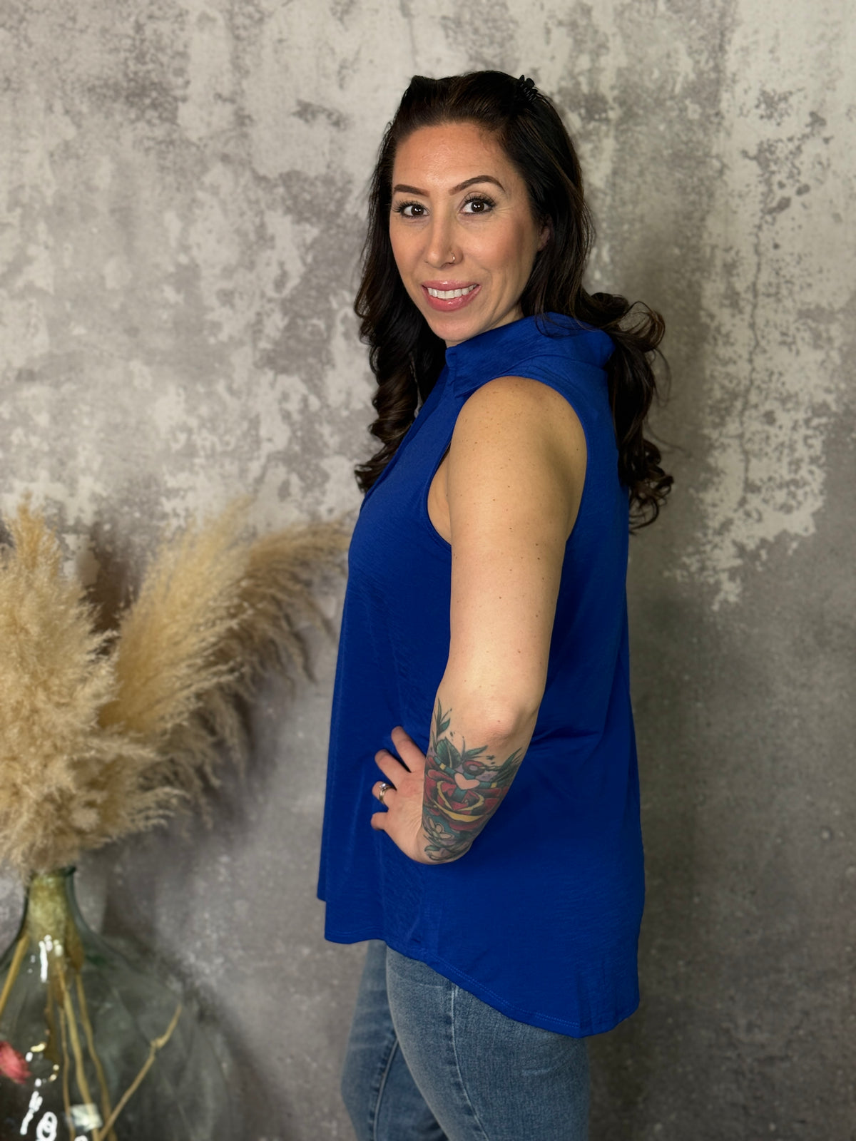 The Wrinkle Free Collared Tank with Button Detail  - Blue (Small - 3X)- FINAL SALE