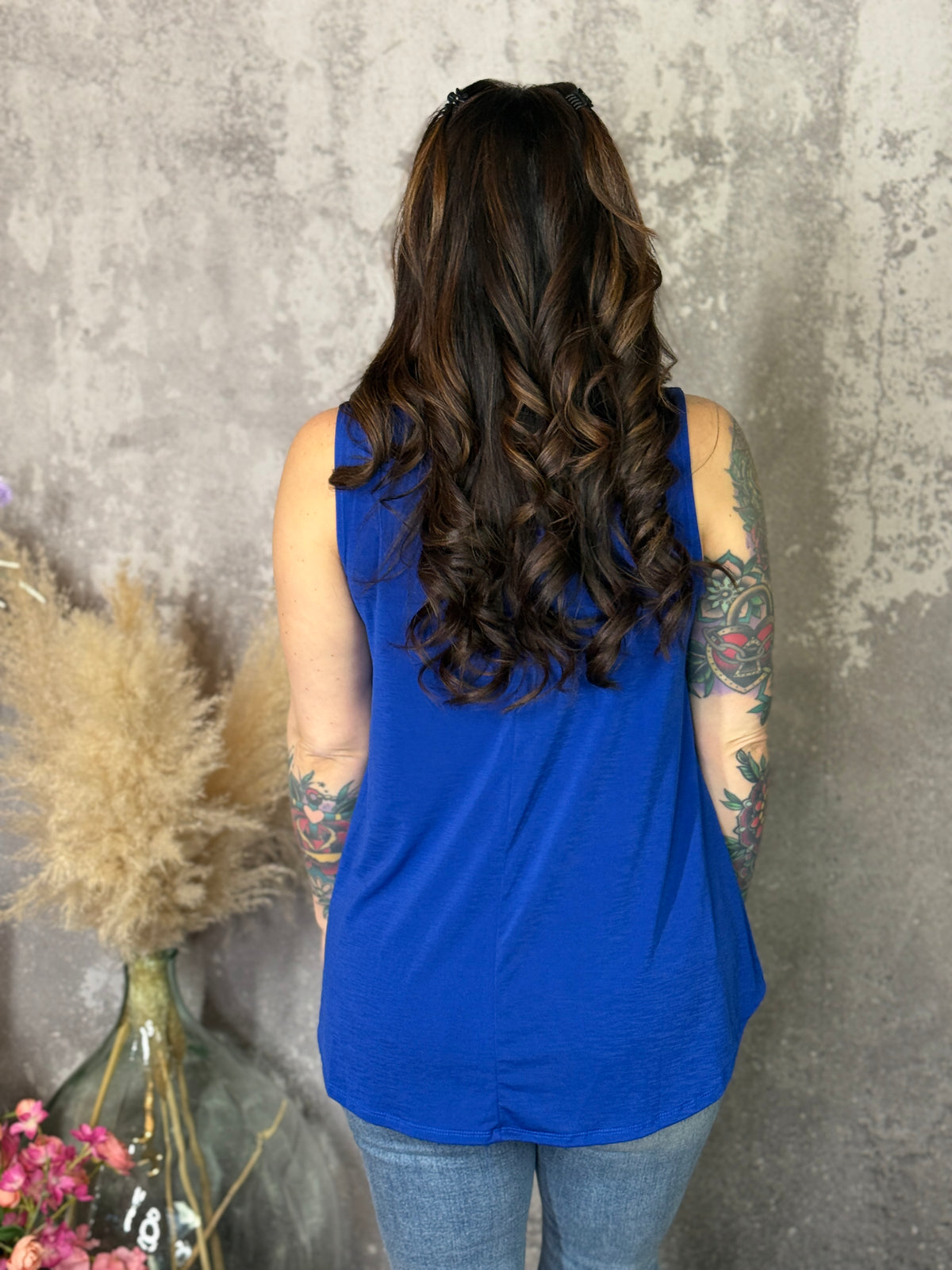 The Wrinkle Free Collared Tank with Button Detail  - Blue (Small - 3X)- FINAL SALE