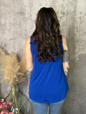 The Wrinkle Free Collared Tank with Button Detail  - Blue (Small - 3X)- FINAL SALE
