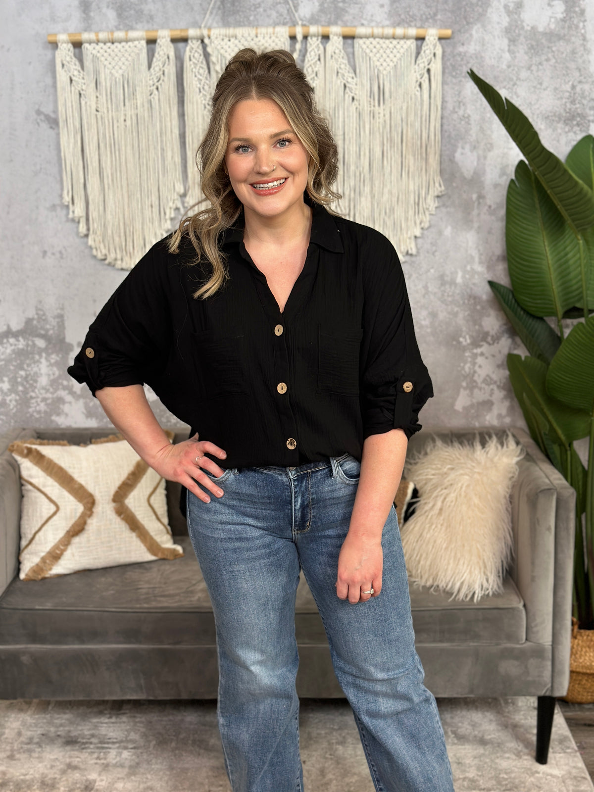 Black Gauze Button Up Top - (Small - 3X) - FINAL SALE