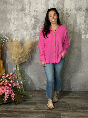 Pink Gauze Button Up Top - (Small - 3X)