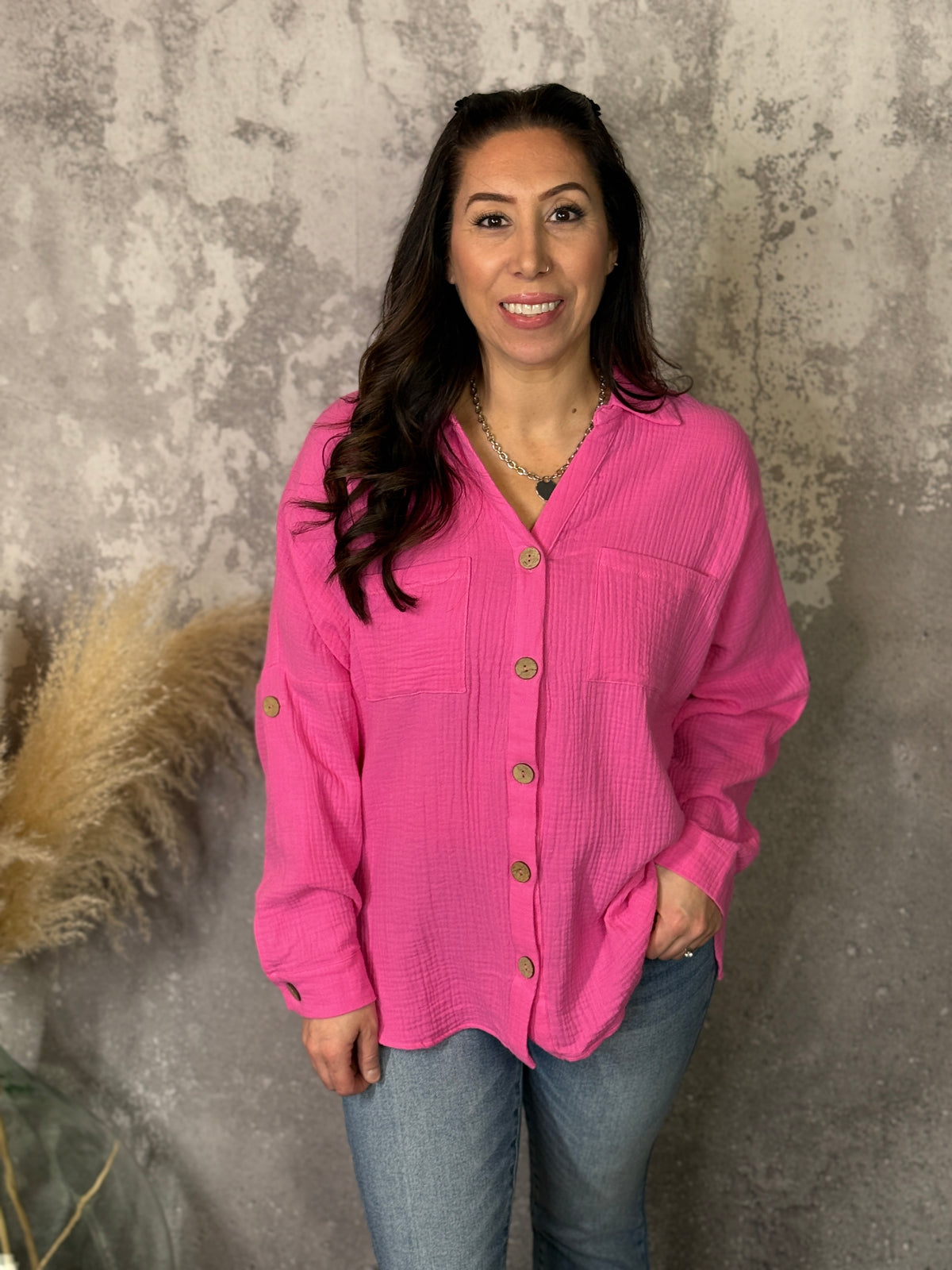 Pink Gauze Button Up Top - (Small - 3X)