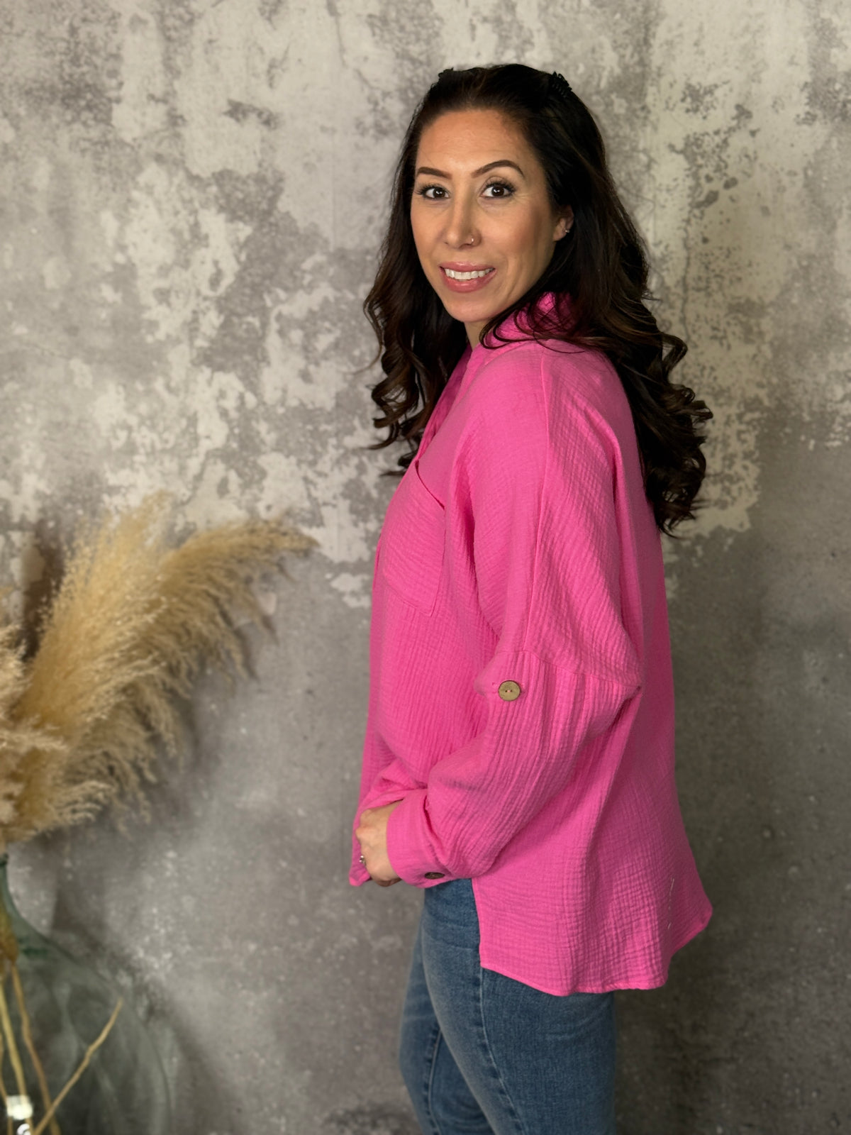 Pink Gauze Button Up Top - (Small - 3X)
