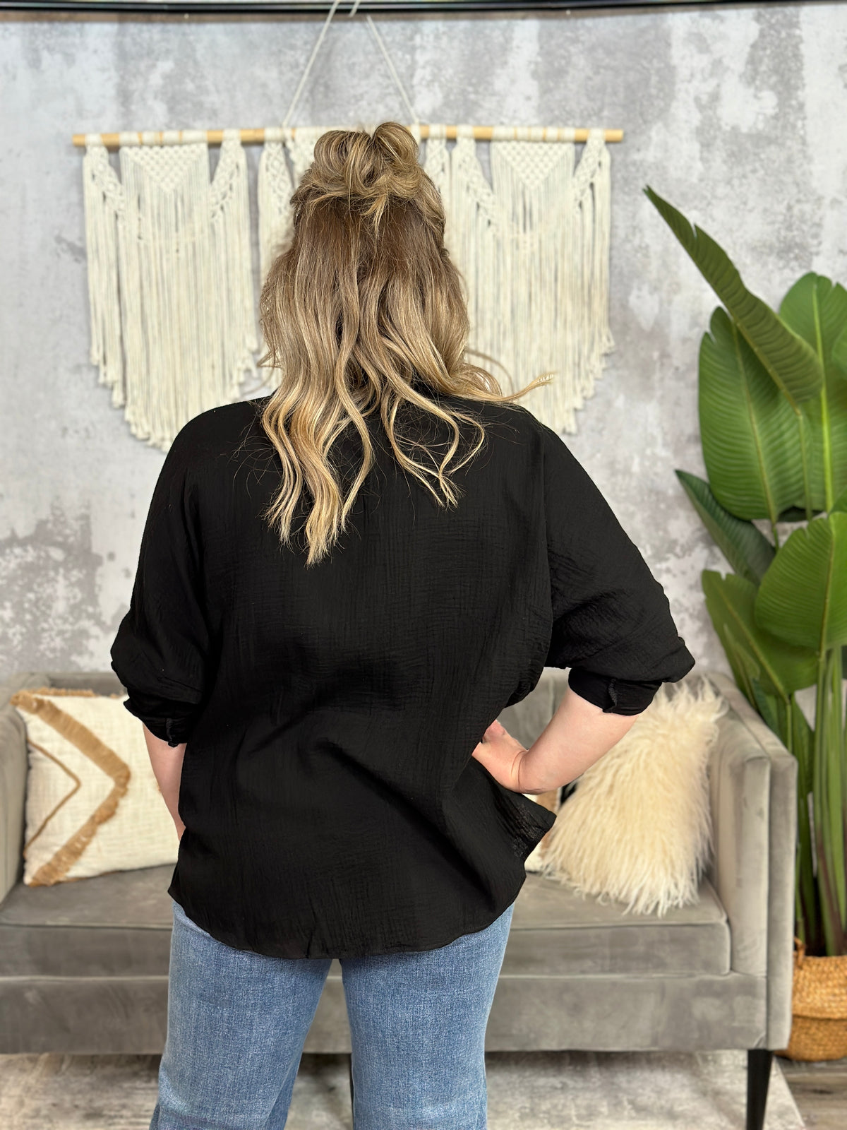 Black Gauze Button Up Top - (Small - 3X) - FINAL SALE