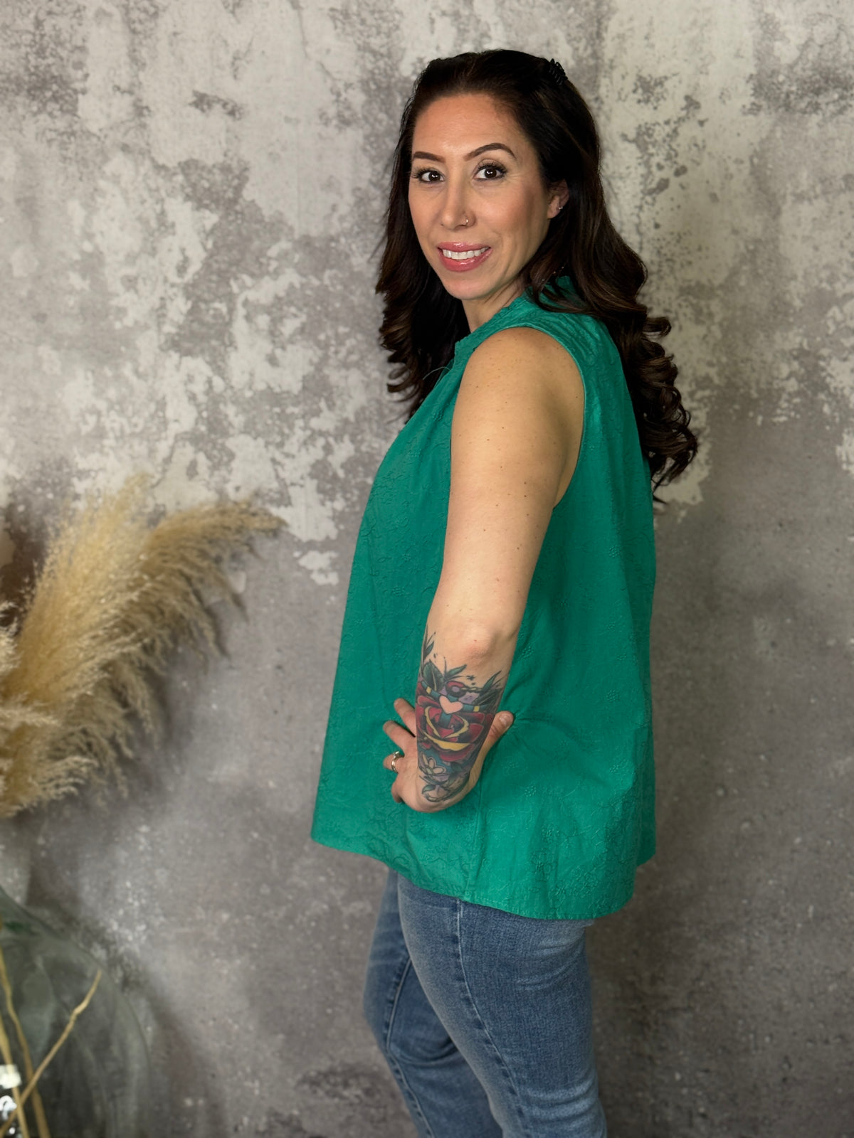 Floral Textured Tank - Emerald (Small - 3X)