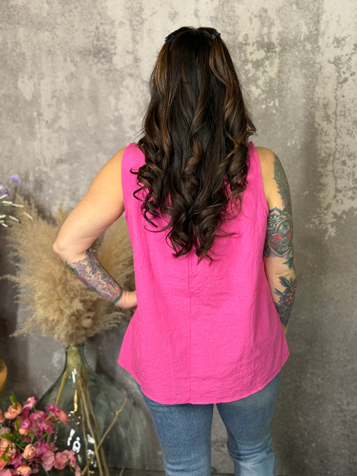 Floral Textured Tank - Hot Pink (Small - 3X)