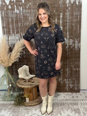 Western Graphic Style Tshirt Dress - Charcoal FINAL SALE