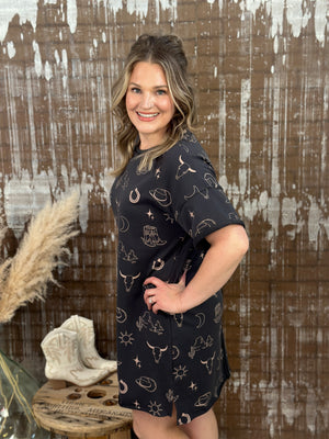 Western Graphic Style Tshirt Dress - Charcoal FINAL SALE