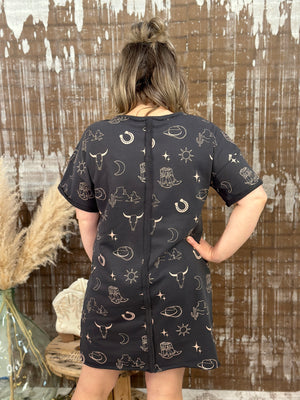 Western Graphic Style Tshirt Dress - Charcoal FINAL SALE