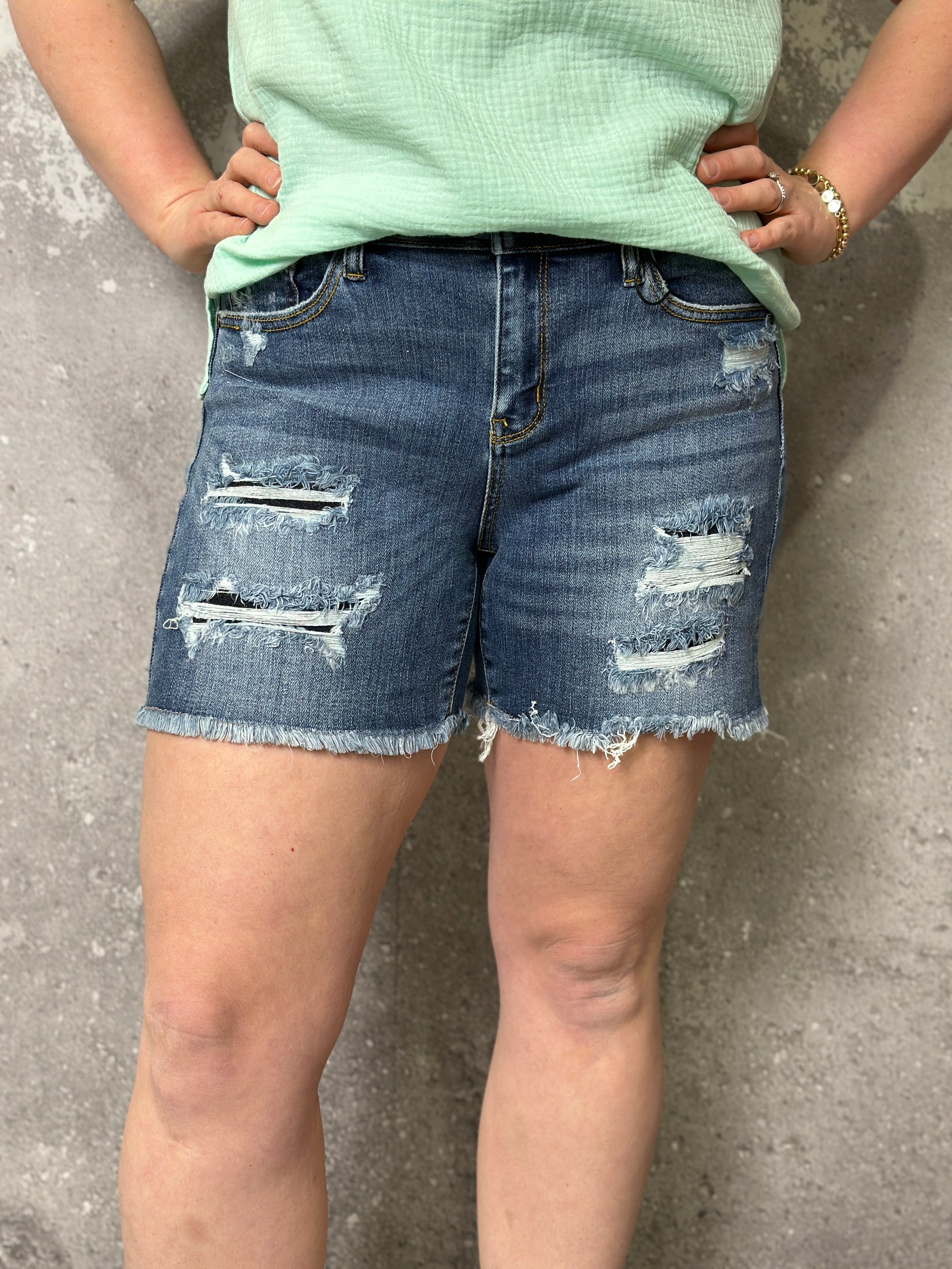 Judy Blue Patch Shorts - Medium Wash (Small - 3X)