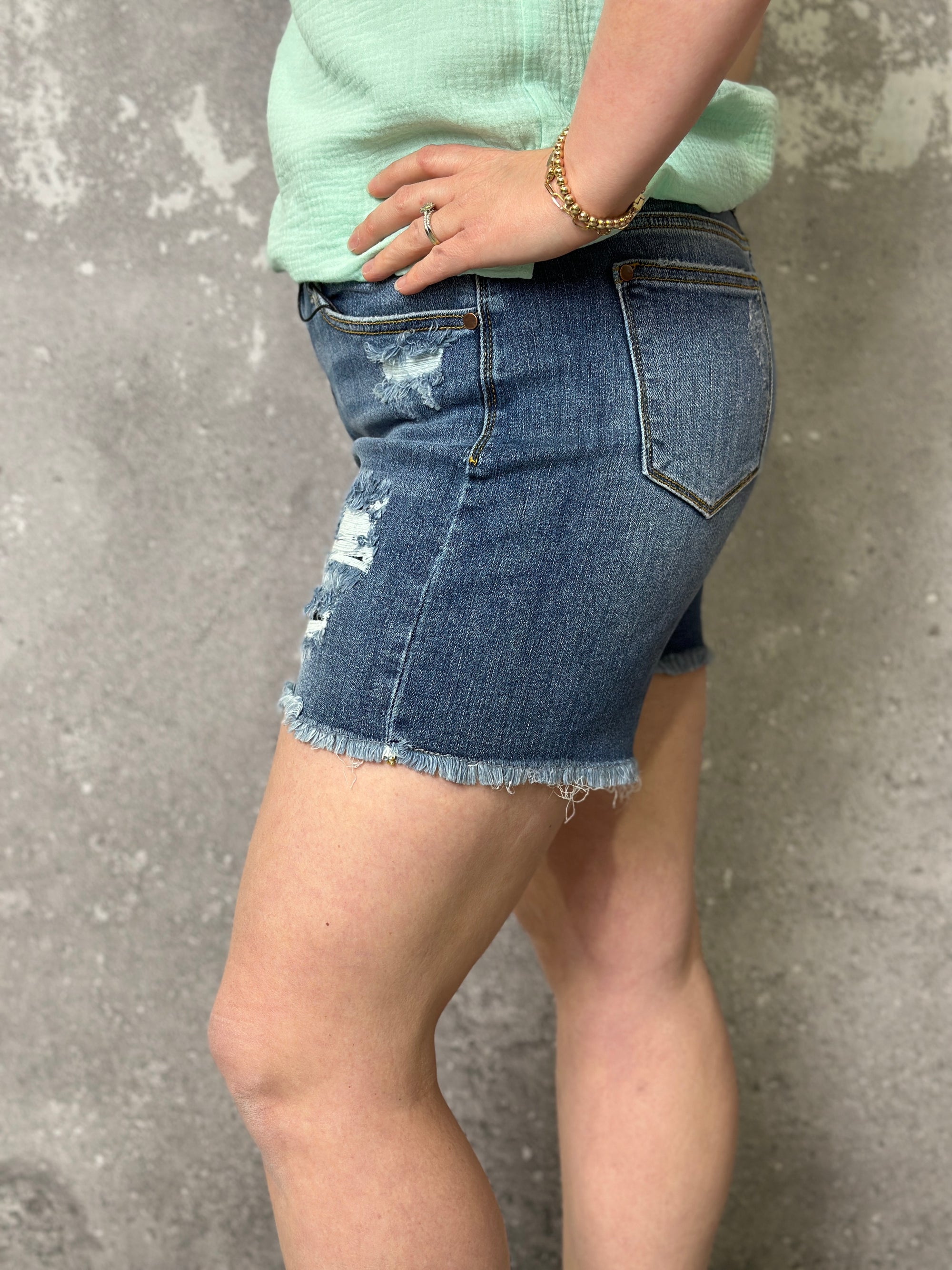 Judy Blue Patch Shorts - Medium Wash (Small - 3X)