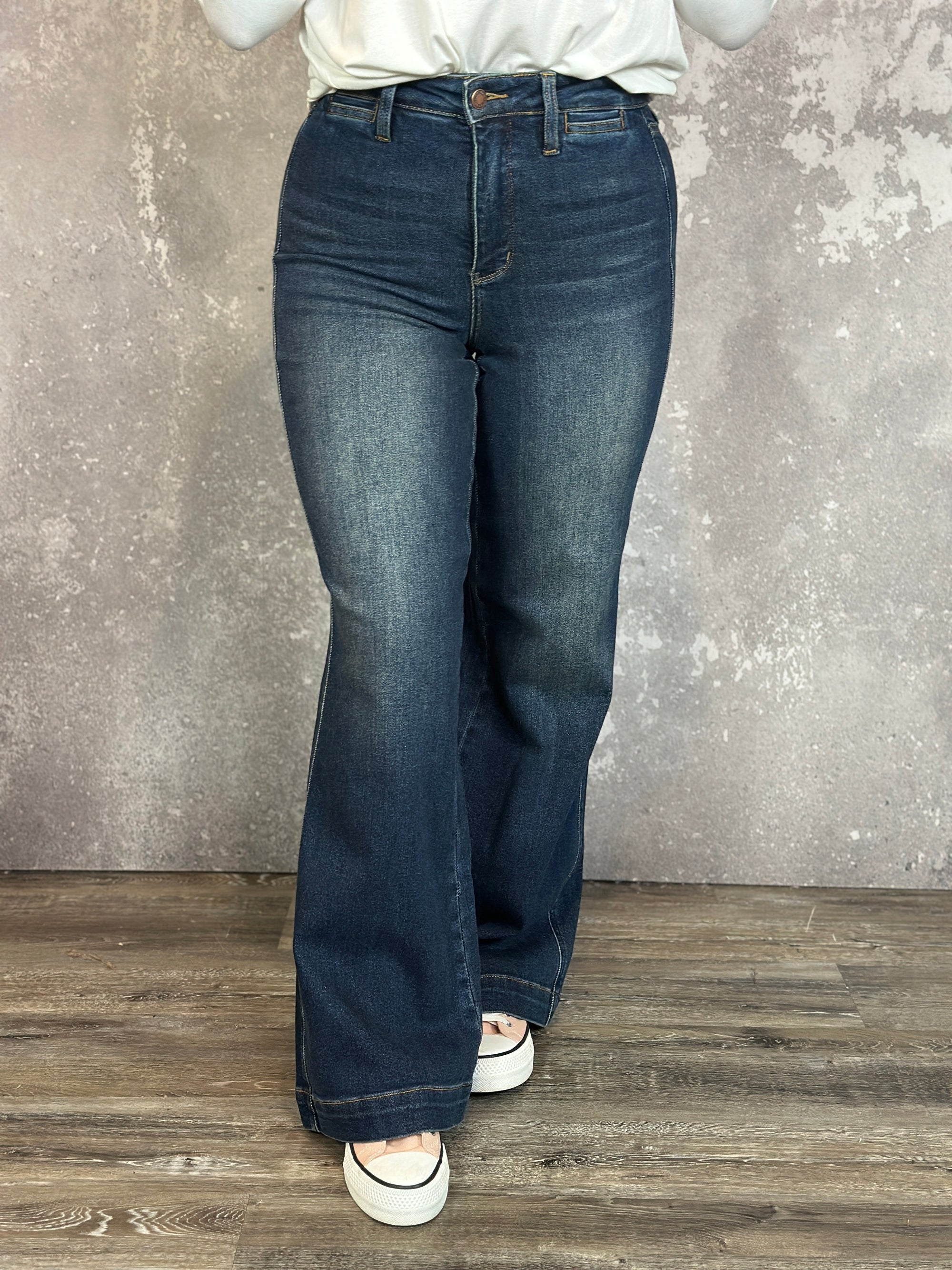 Judy Blue Dark Wash Retro Wide Trouser Jean with Welt Pocket  (sizes 0/24-24W)