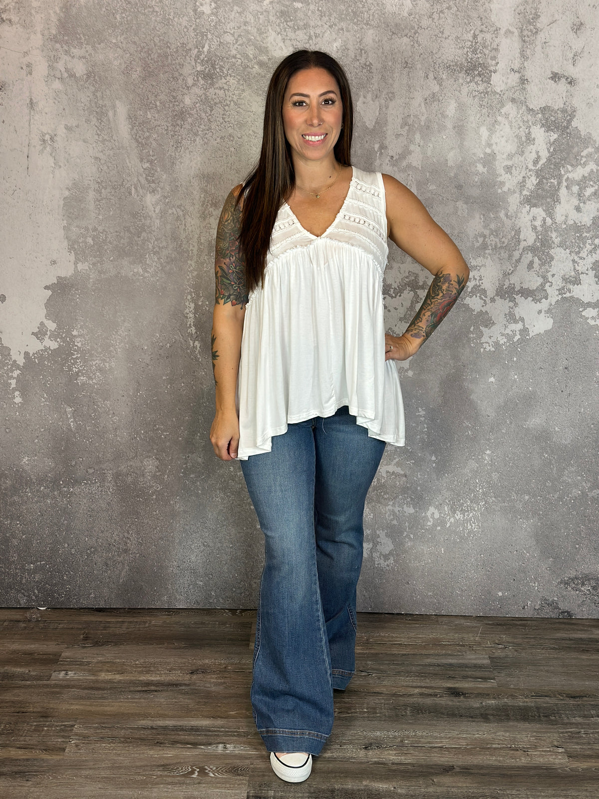 Vneck Tank with Dainty Crochet Detail - White