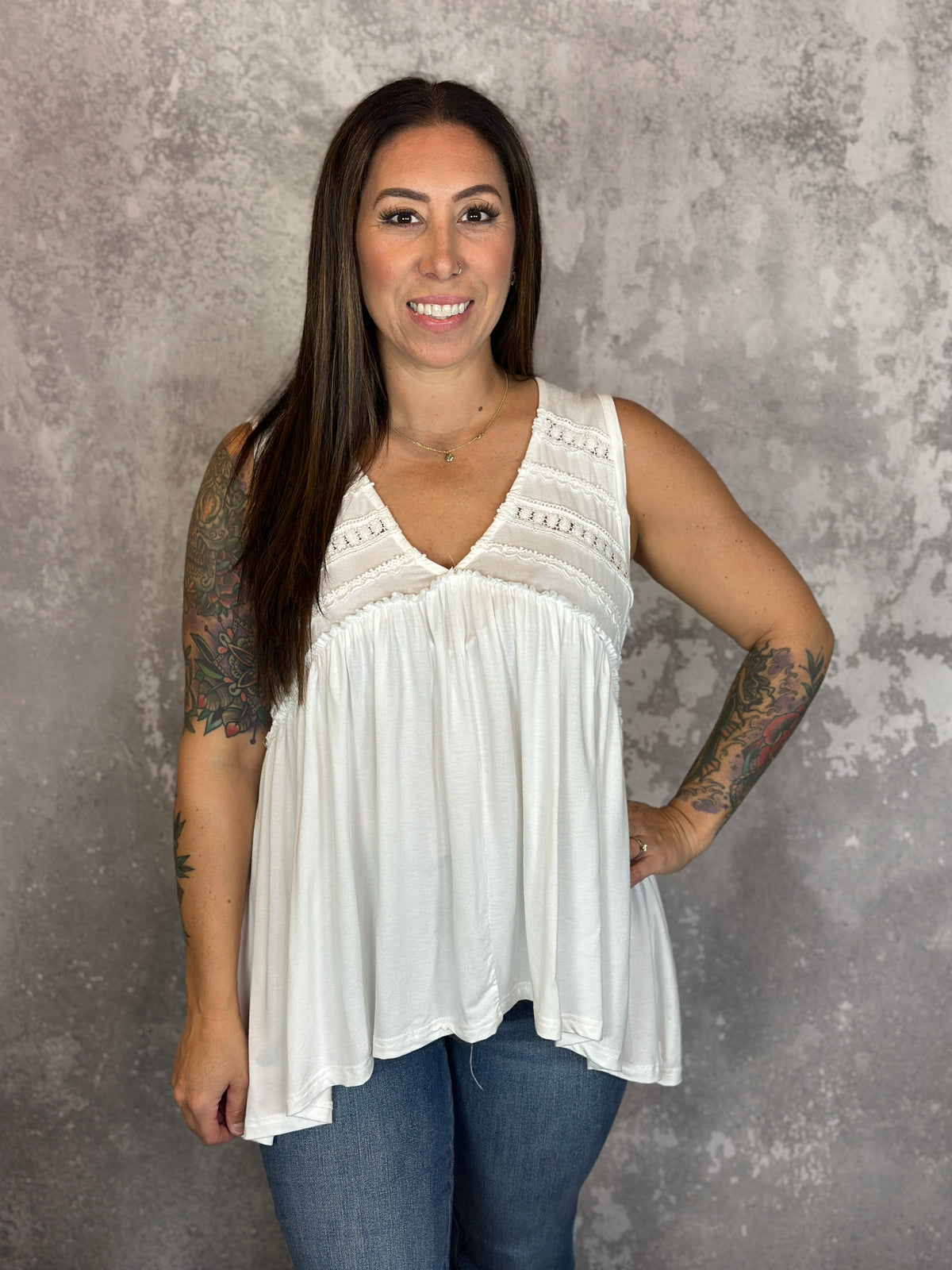 Vneck Tank with Dainty Crochet Detail - White
