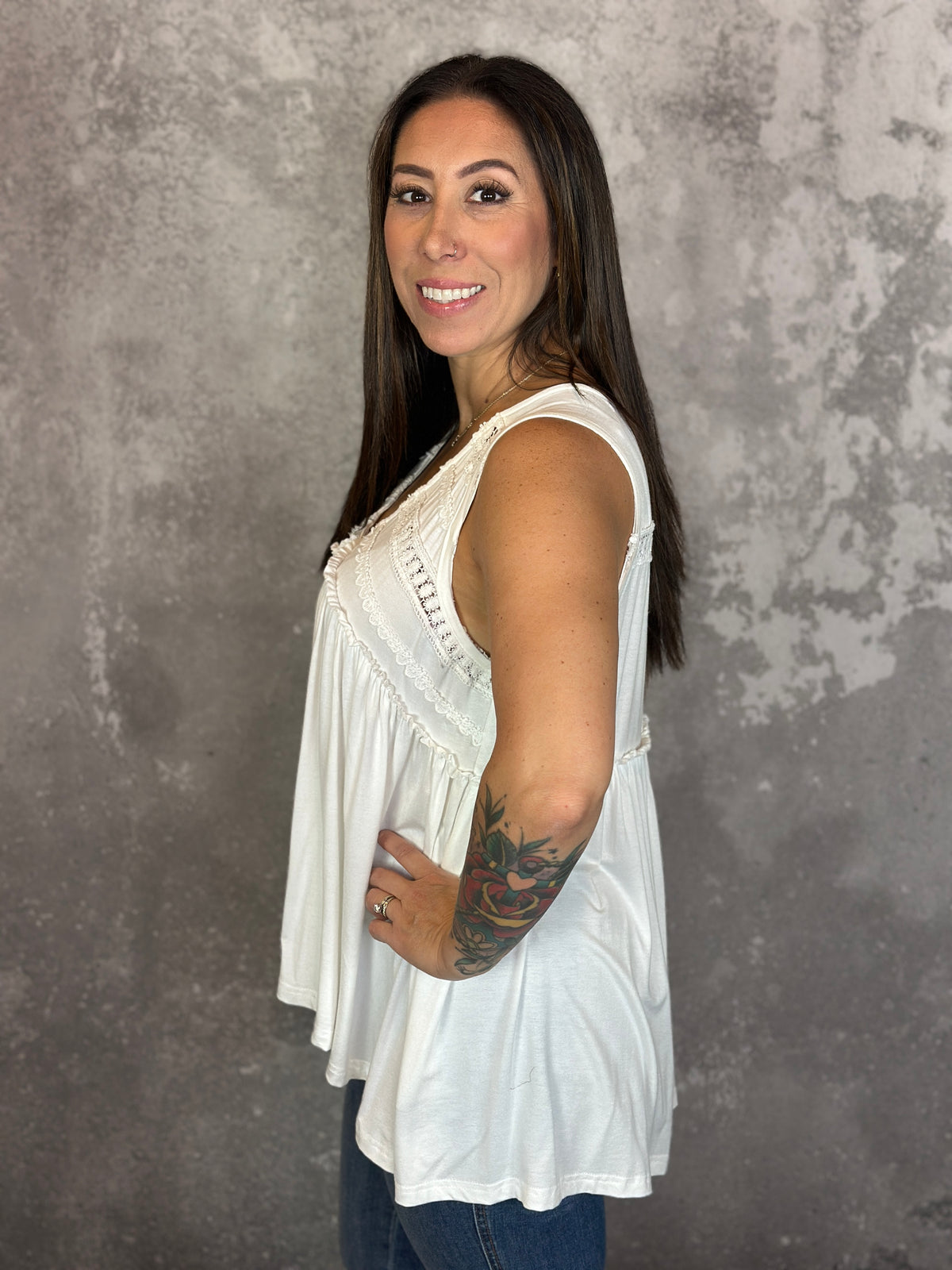 Vneck Tank with Dainty Crochet Detail - White